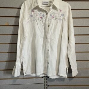 Alfred Dunner 14 P Petite Button Long Sleeve Top Blouse Shirt Sequins Beaded Emb